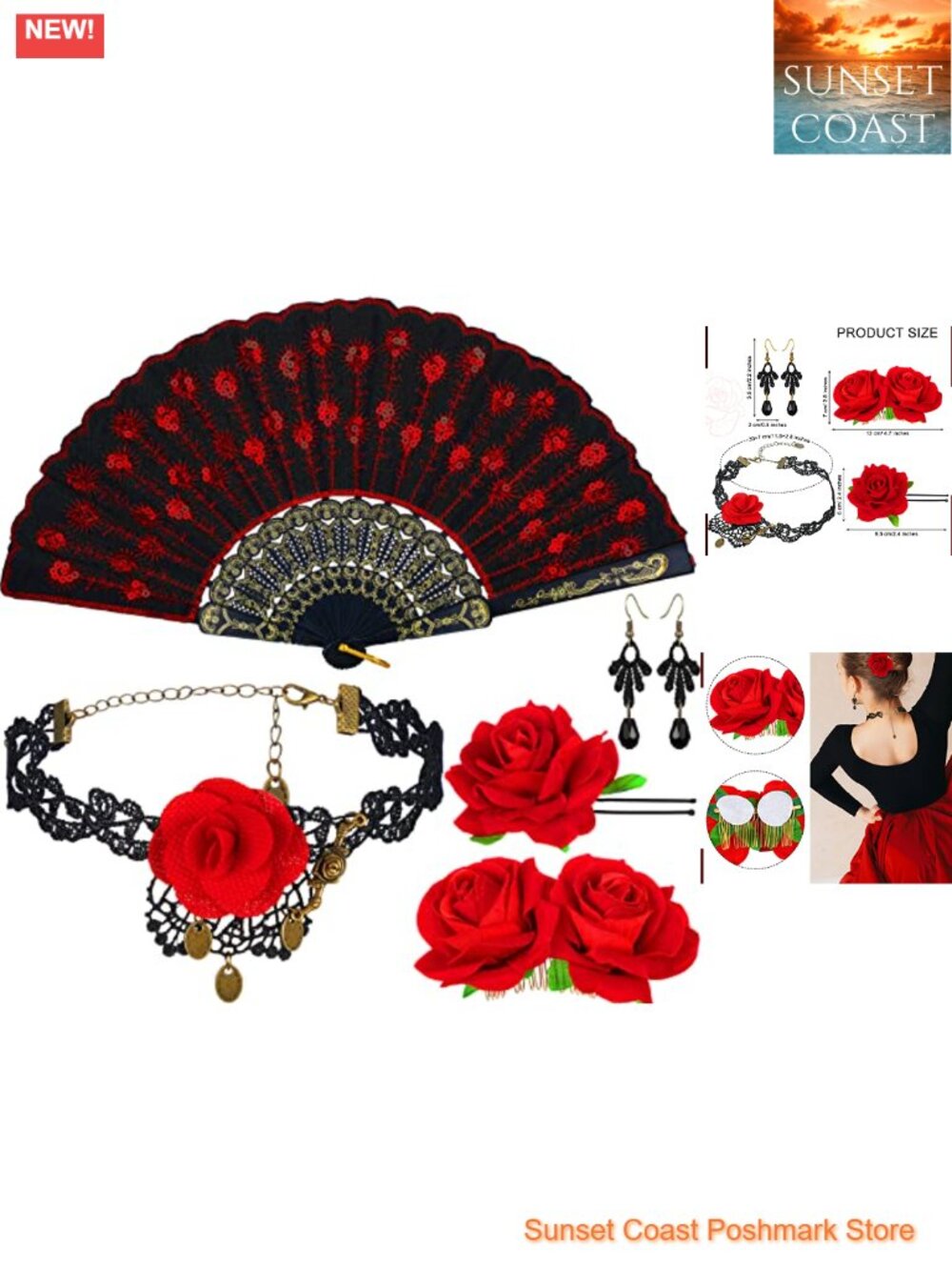 5 Pc Flamenco Accessory Set Lace Rose Hair Clip Fan Necklace Earrings Costume
